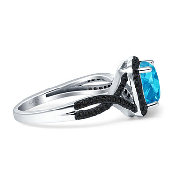 Halo Cushion Infinity Twist Side Stone Black CZ Engagement Ring Simulated Aquamarine 925 Sterling Silver Wholesale